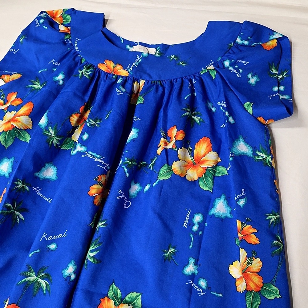 Made in Hawaii Muumuu Dress Womens 12 Blue Floral Hibiscus Tropical Vintage